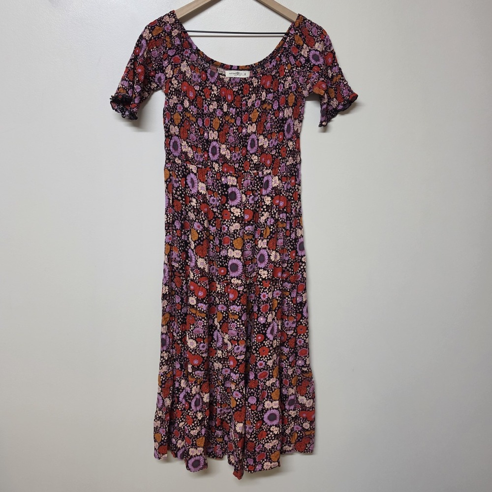 Natural Life Womens M Floral Smocked Maxi Dress Cottagecore Boho Tiered Prairie